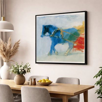 The Azure Draught working horse wall art displayed in a dining room