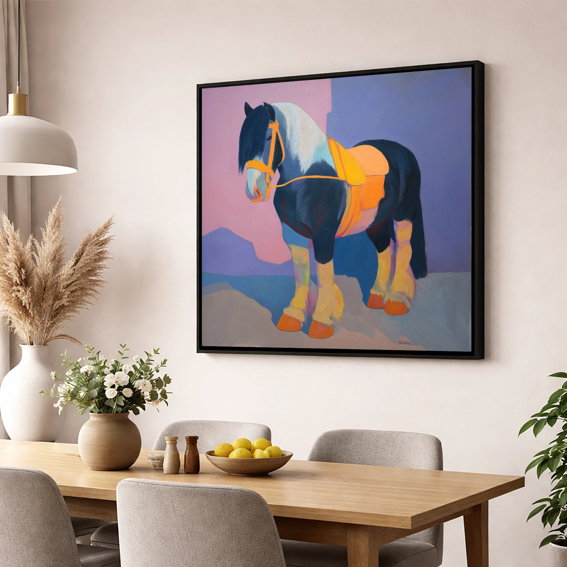 Vibrant Painted Cob horse breed wall art displayed in a dining room