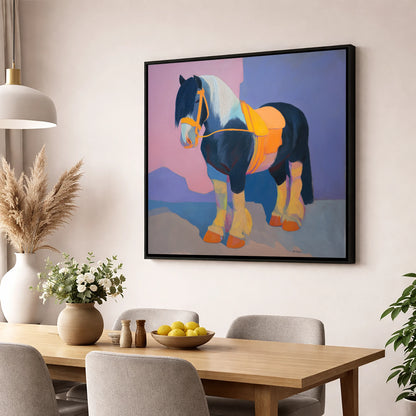 Vibrant Painted Cob horse breed wall art displayed in a dining room