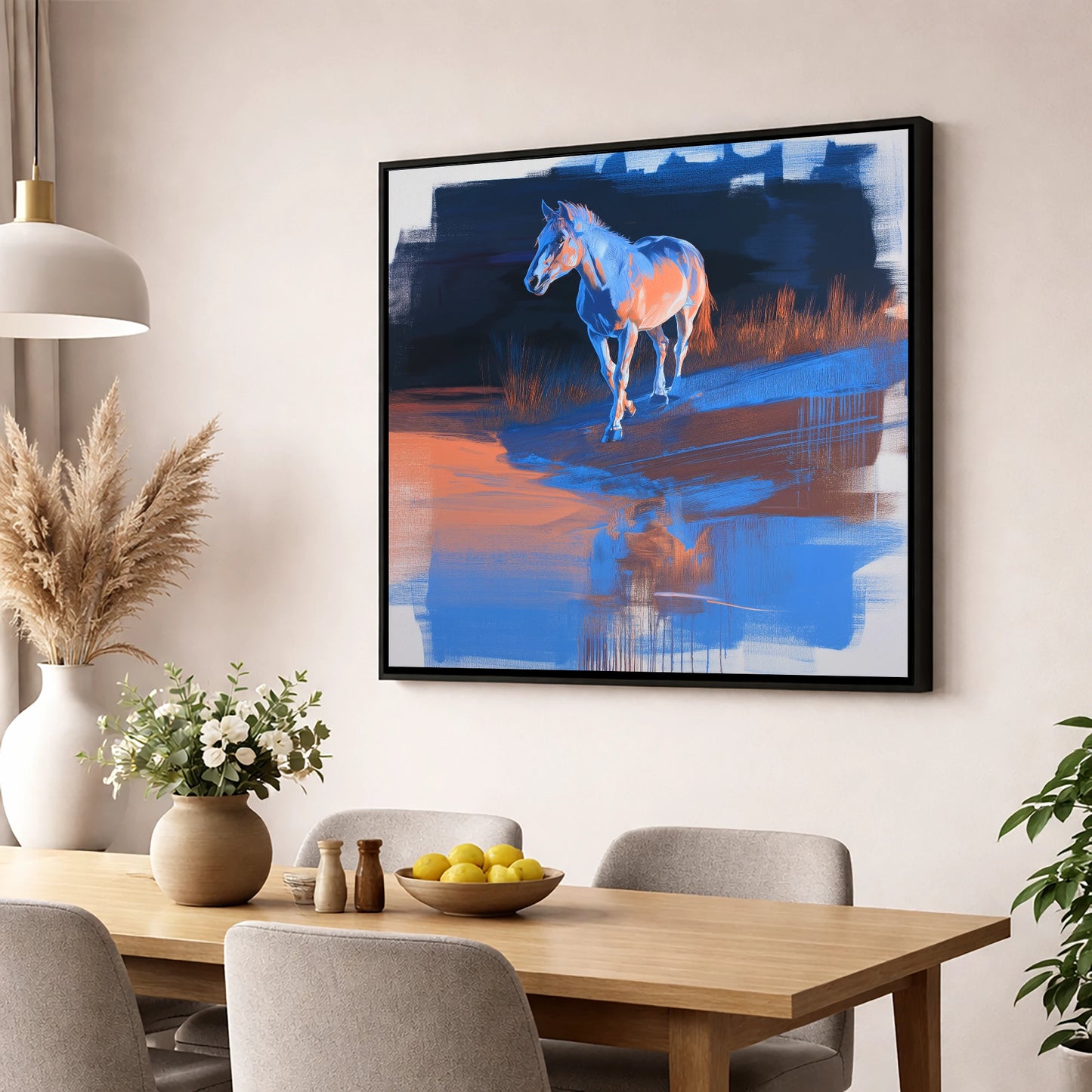 Cobalt Dawn Crossing horse landscape wall art displayed in a dining room