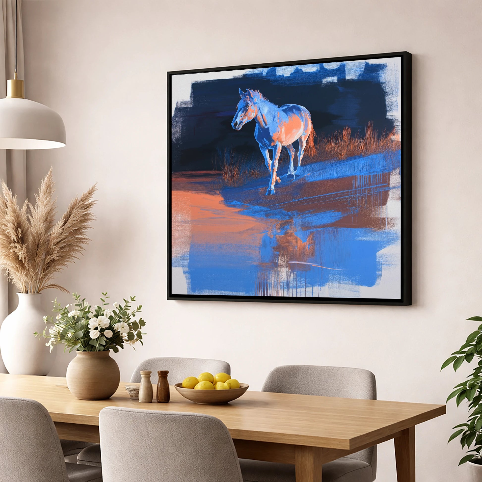 Cobalt Dawn Crossing horse landscape wall art displayed in a dining room