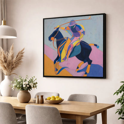 Vibrant Polo Strike polo horse wall art displayed in a dining room