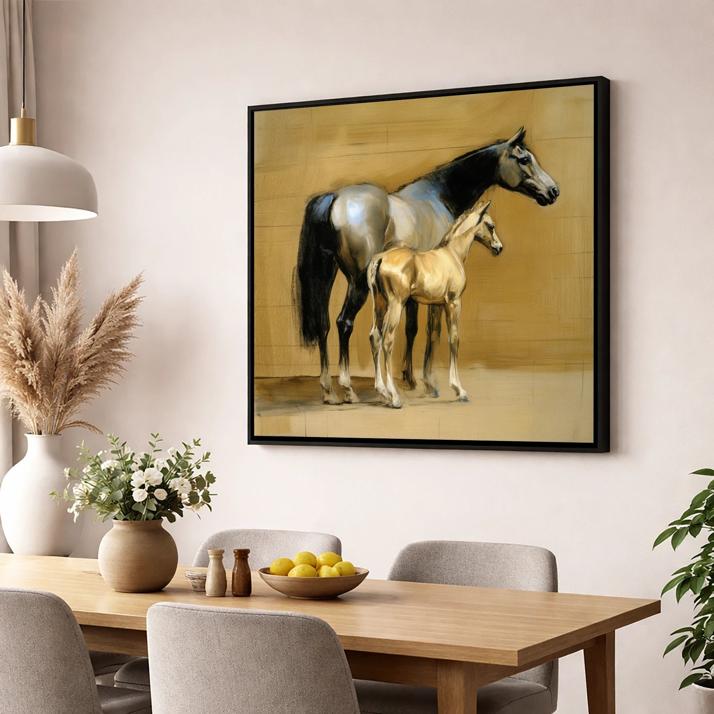 Slate and Gold mare & foal wall art displayed in a dining room