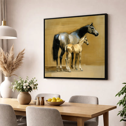 Slate and Gold mare & foal wall art displayed in a dining room