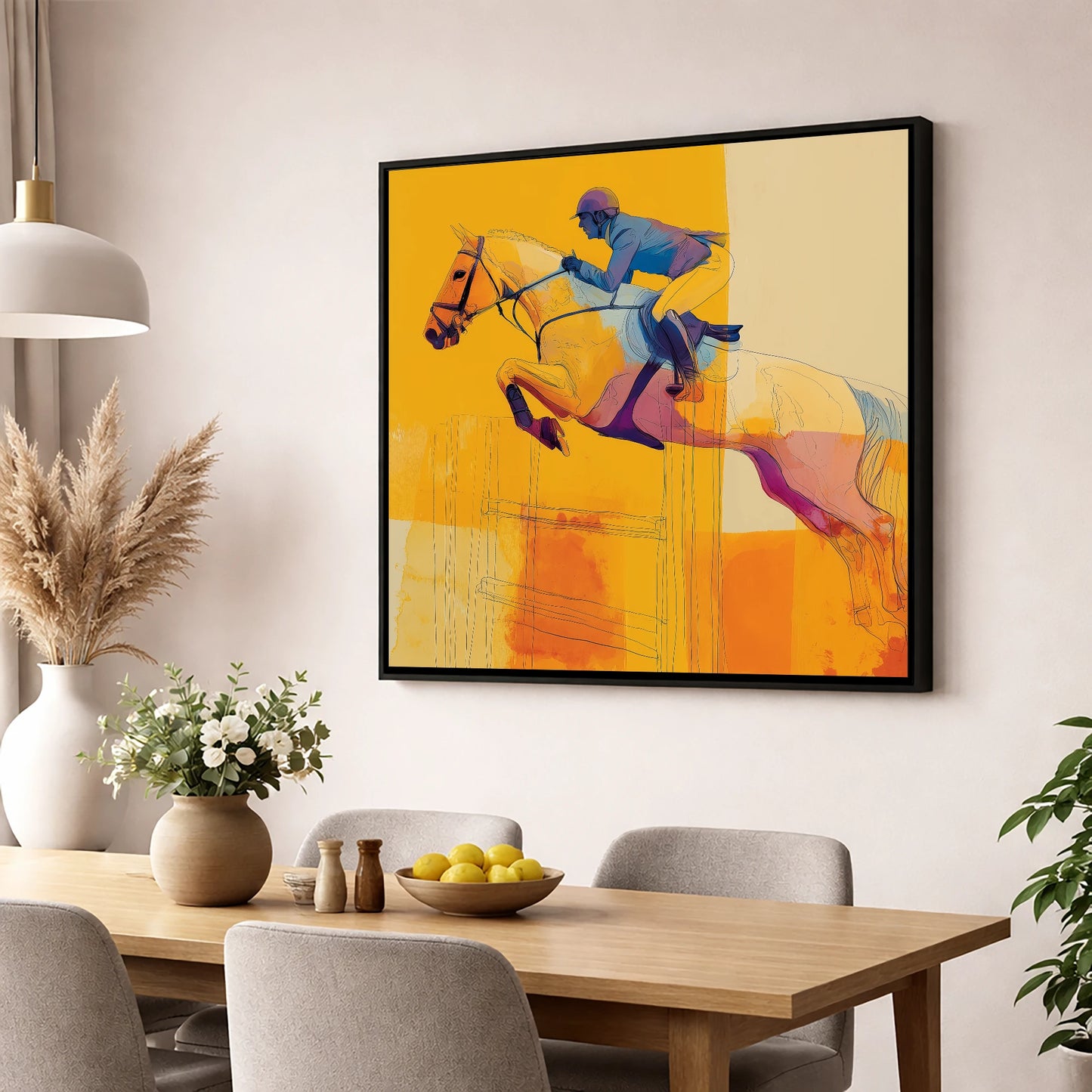 Amber Flight show jumping horse wall art displayed in a dining room
