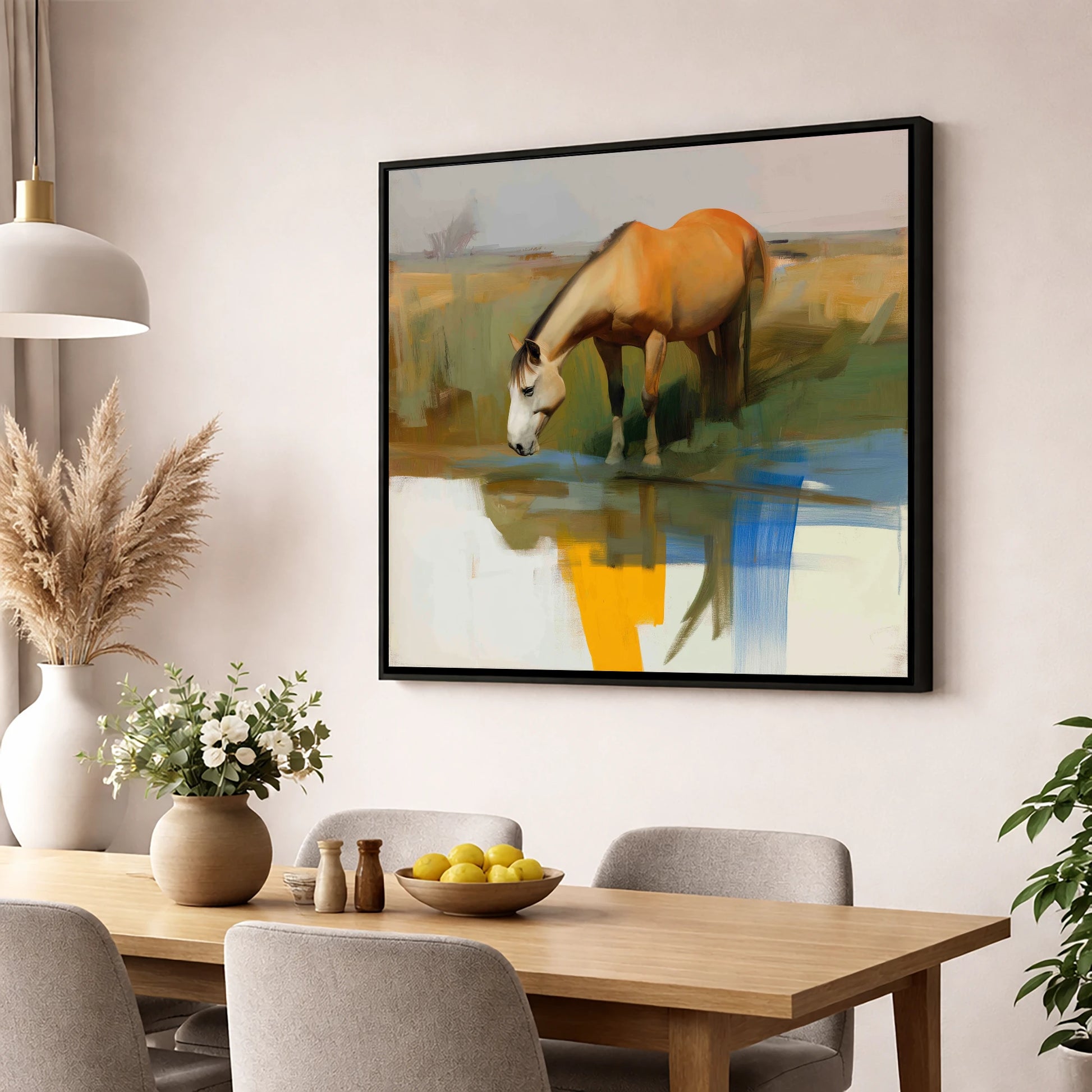 Vibrant Waterside Reflection horse landscape wall art displayed in a dining room
