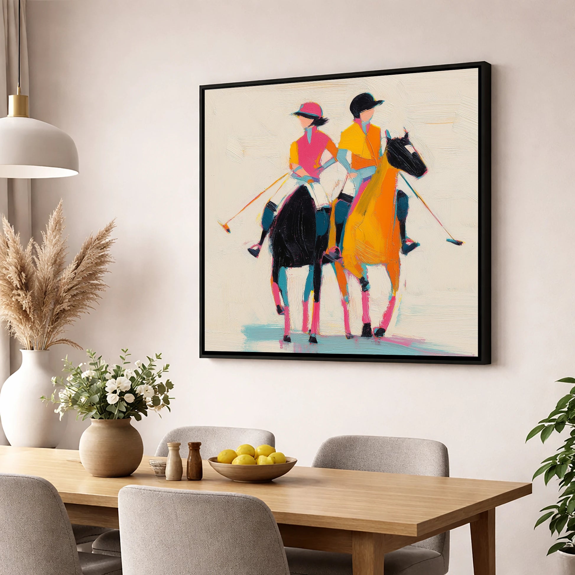 High Goal Hues polo horse wall art displayed in a dining room