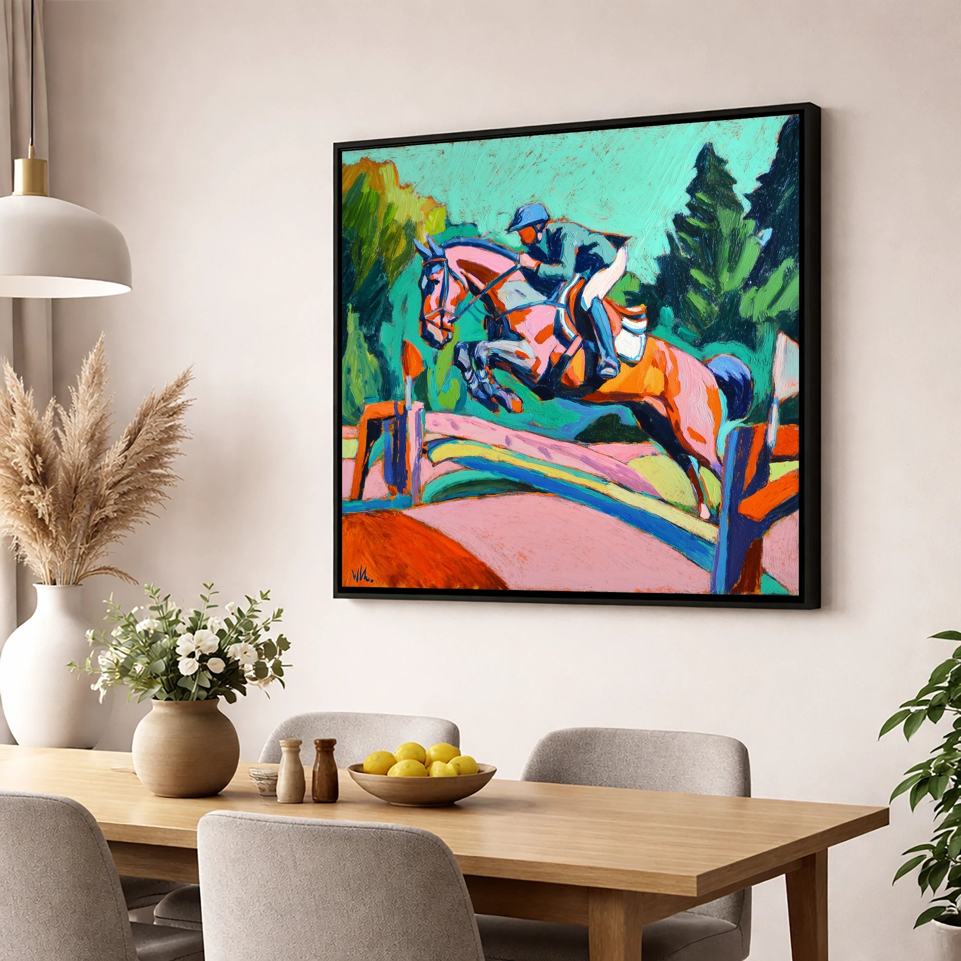Technicolour Flight show jumping horse wall art displayed in a dining room