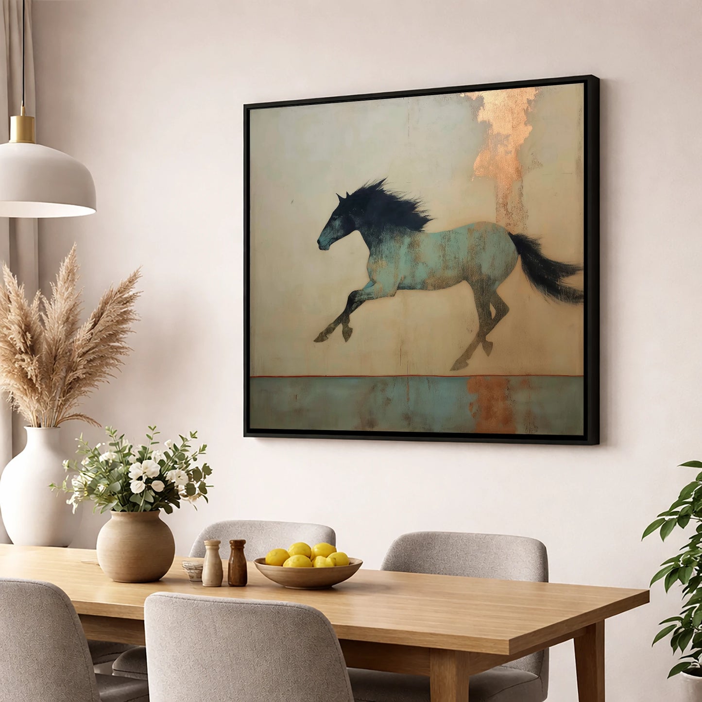 Gilded Equine Spirit horse portrait wall art displayed in a dining room