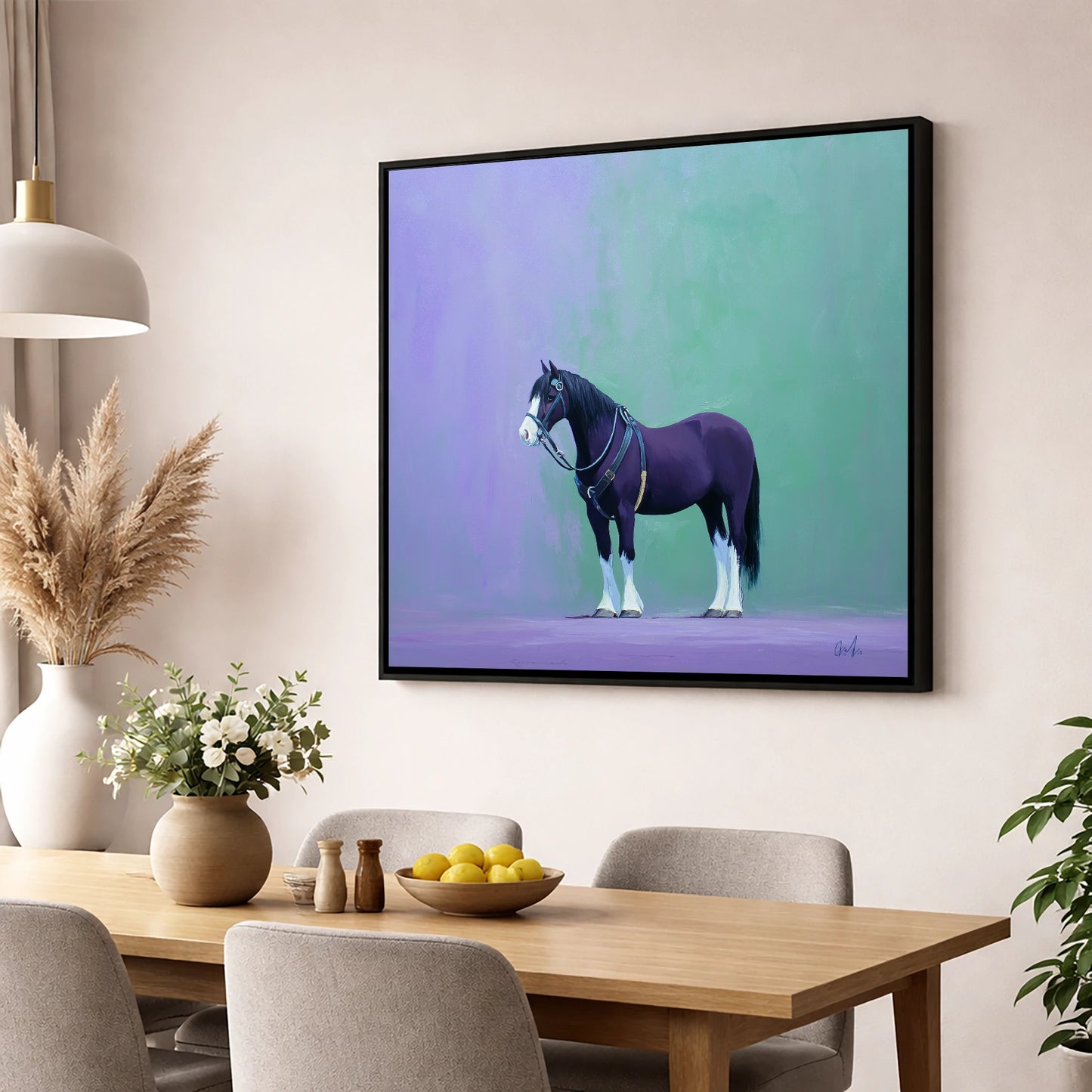 Harnessed Strength working horse wall art displayed in a dining room