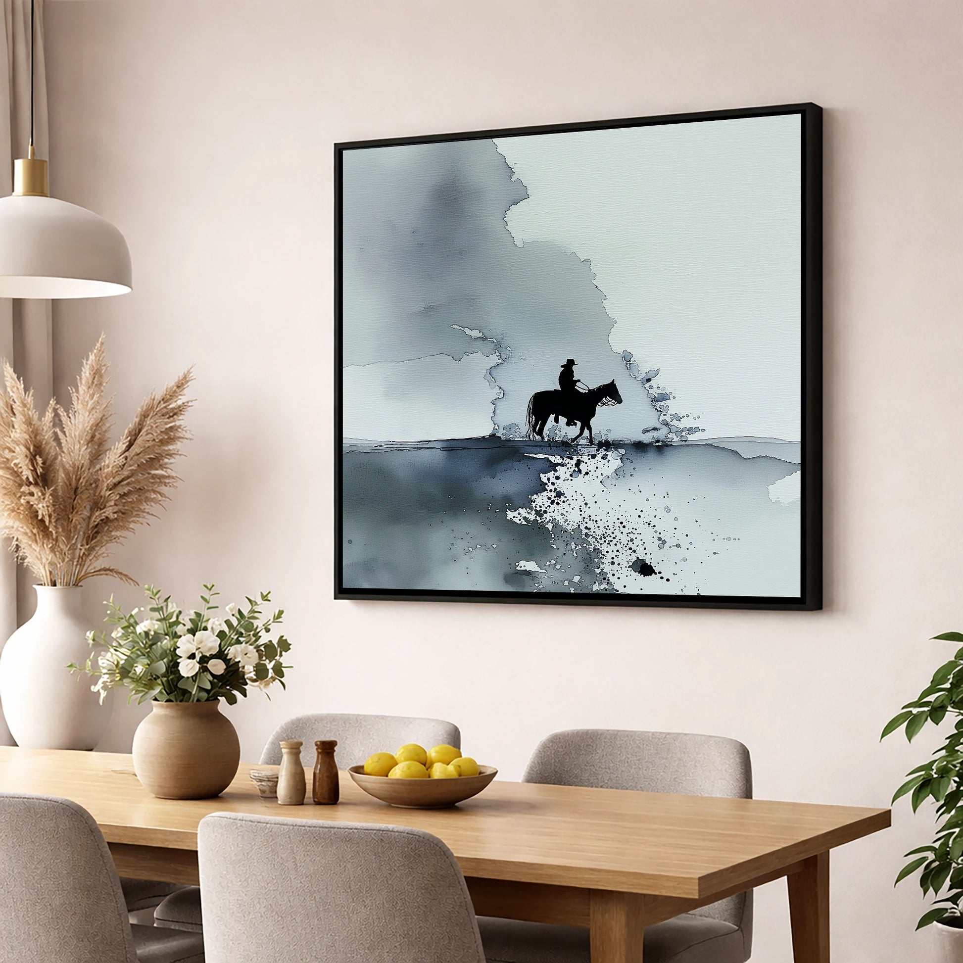 The Lone Trail western horse wall art displayed in a dining room