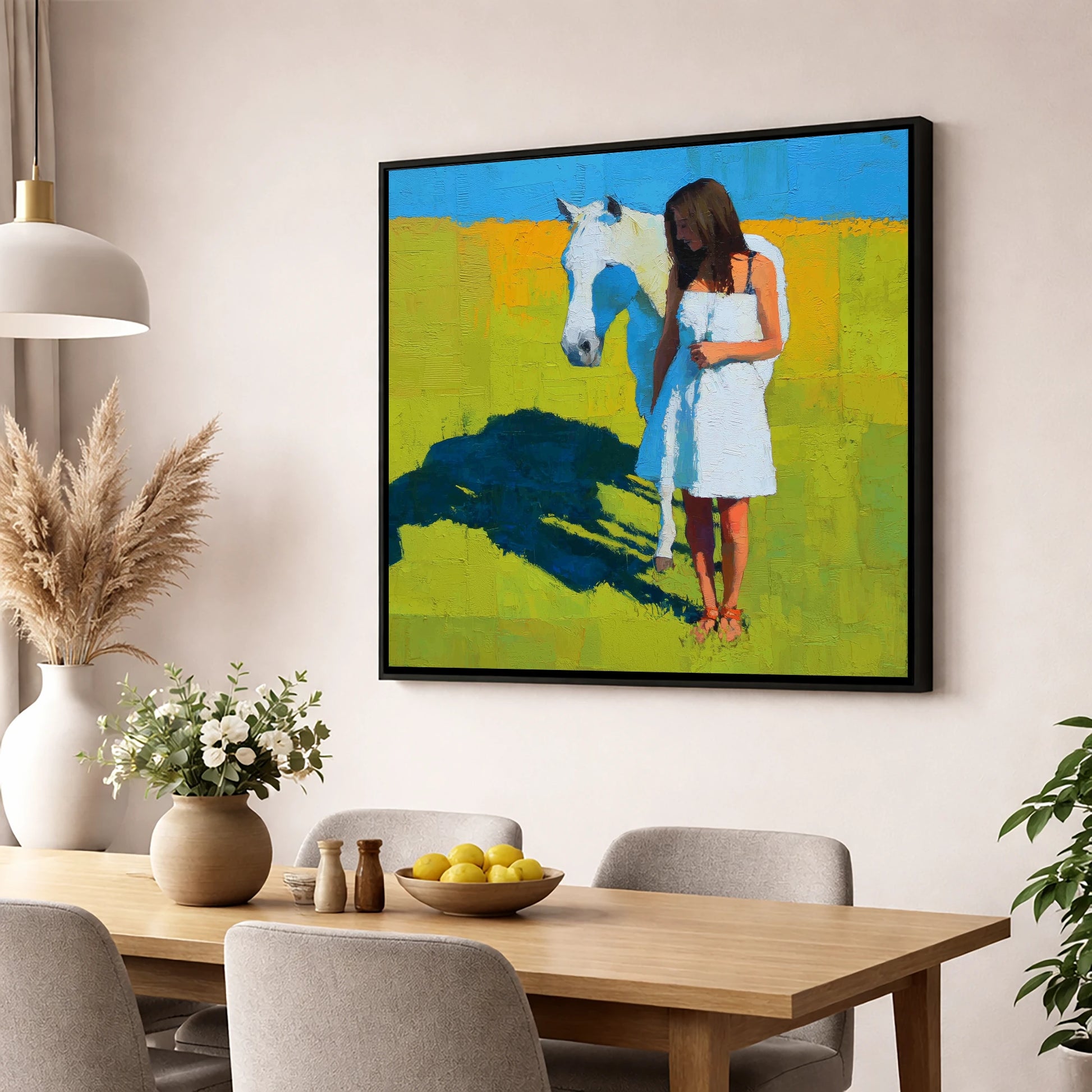 High Summer Shadows horse & rider wall art displayed in a dining room