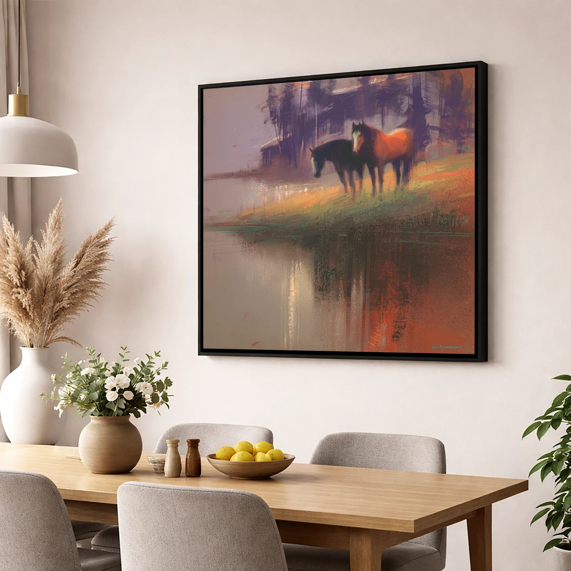 Waterside Reflections wild horses wall art displayed in a dining room