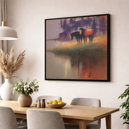 Waterside Reflections wild horses wall art displayed in a dining room