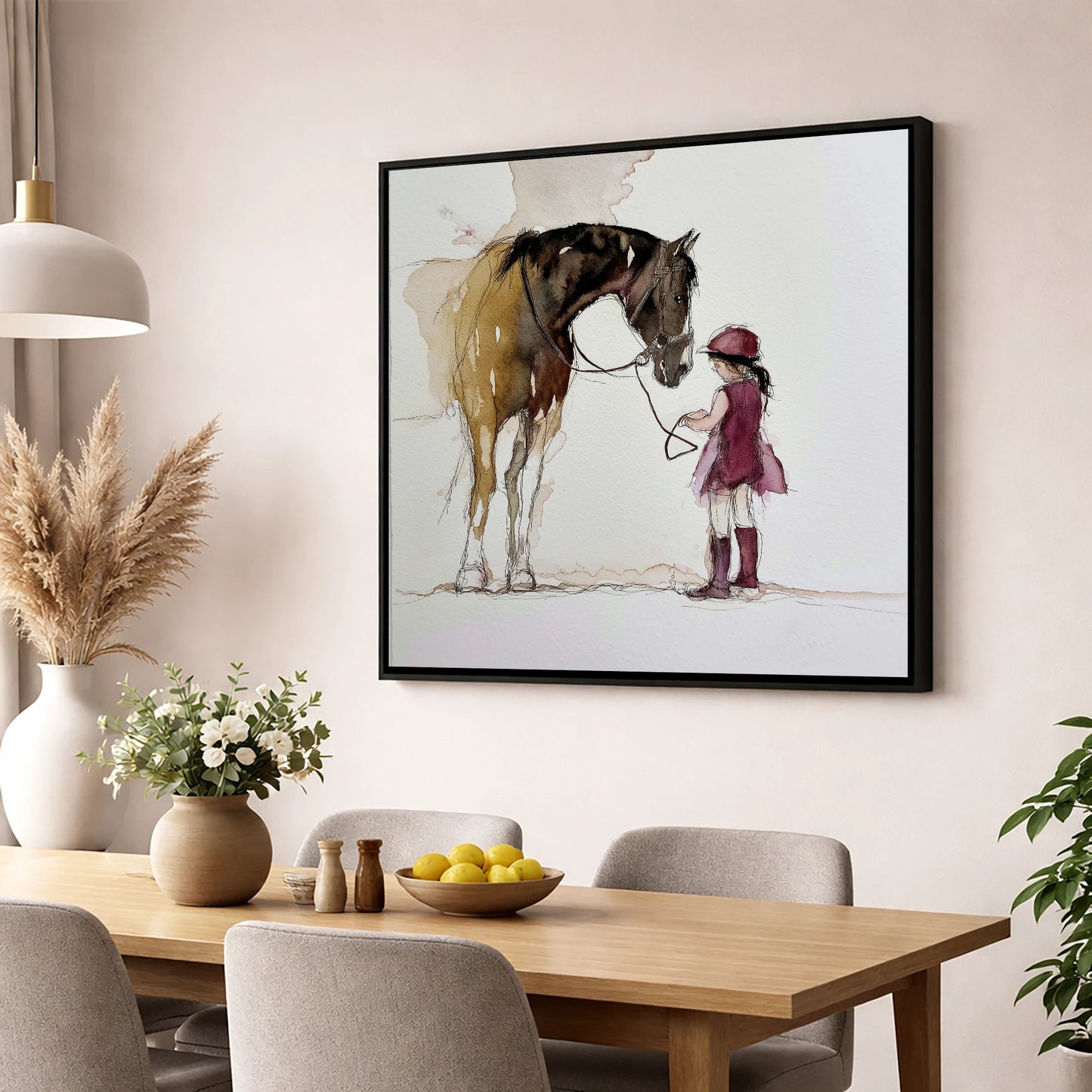 A Gentle Bond horse & rider wall art displayed in a dining room