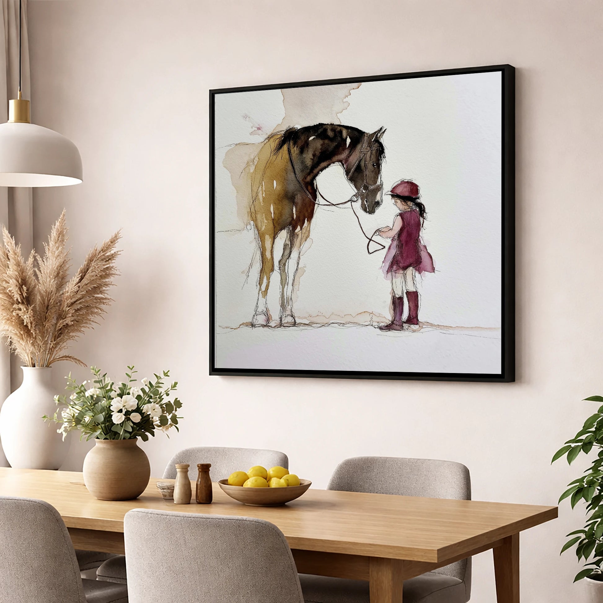 A Gentle Bond horse & rider wall art displayed in a dining room