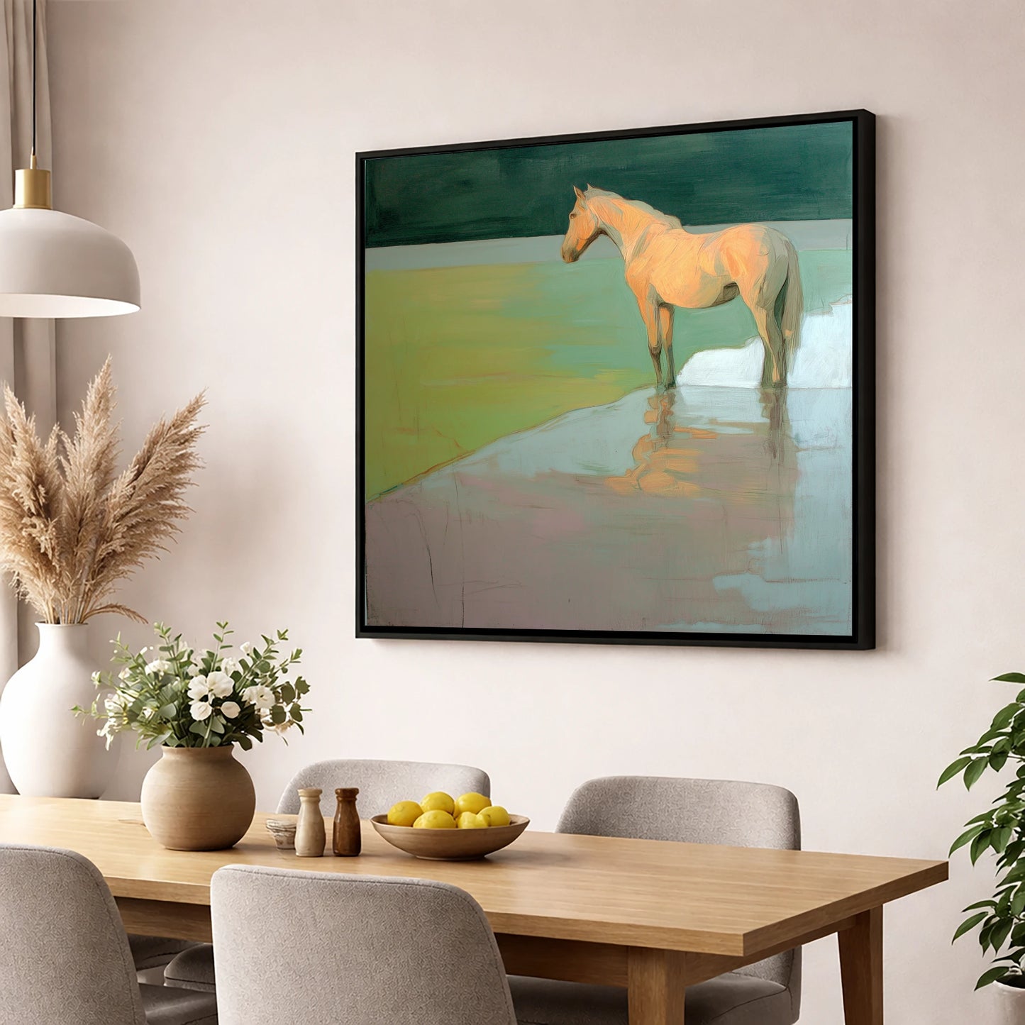 Serene Beach Reflection beach horse wall art displayed in a dining room