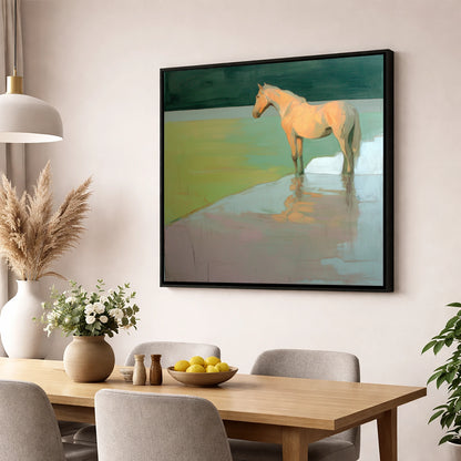 Serene Beach Reflection beach horse wall art displayed in a dining room