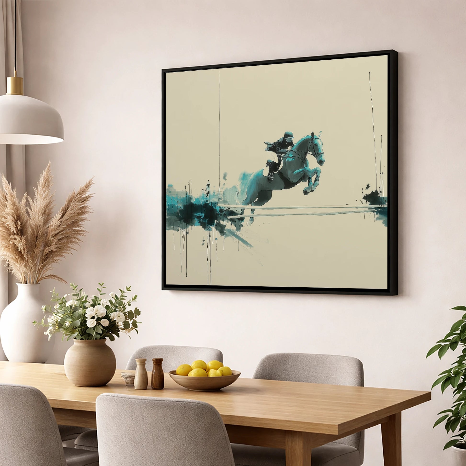 Airborne in Teal show jumping horse wall art displayed in a dining room