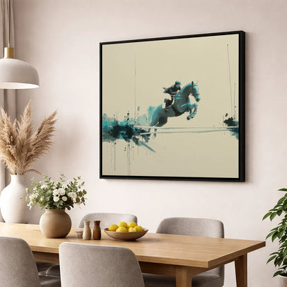 Airborne in Teal show jumping horse wall art displayed in a dining room