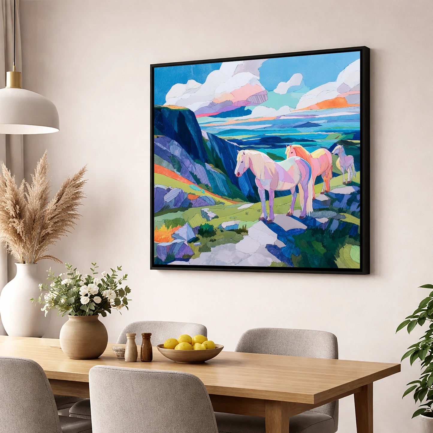 Vibrant Highland Dreamscape horse landscape wall art displayed in a dining room