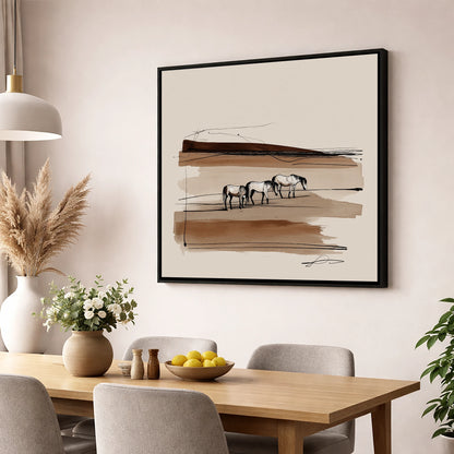 Minimalist Sepia Herd wild horses wall art displayed in a dining room