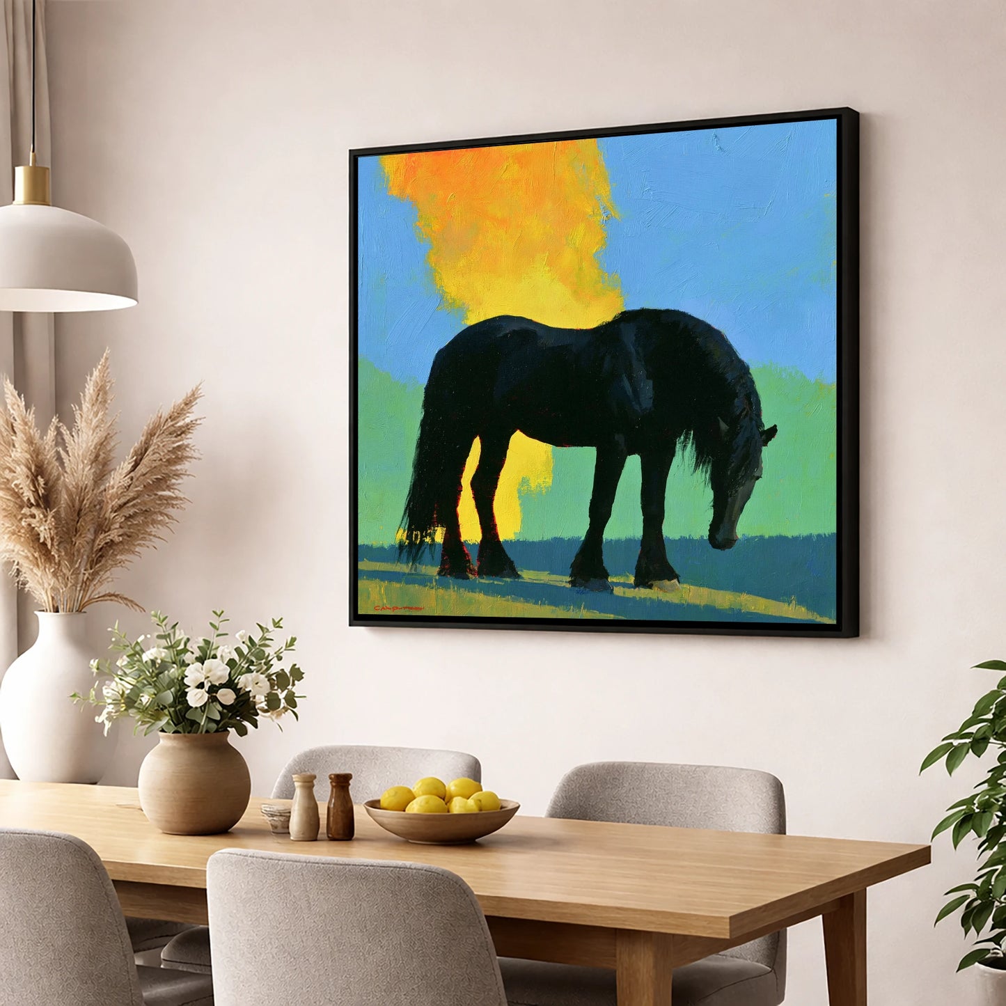 Black Heavy Horse Vibrant Landscape horse breed wall art displayed in a dining room
