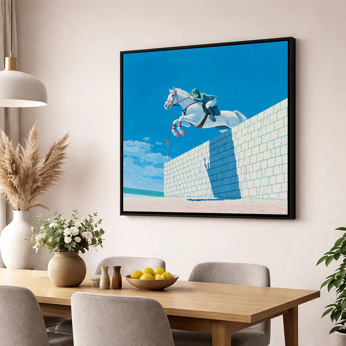 Clearance at the Wall show jumping horse wall art displayed in a dining room