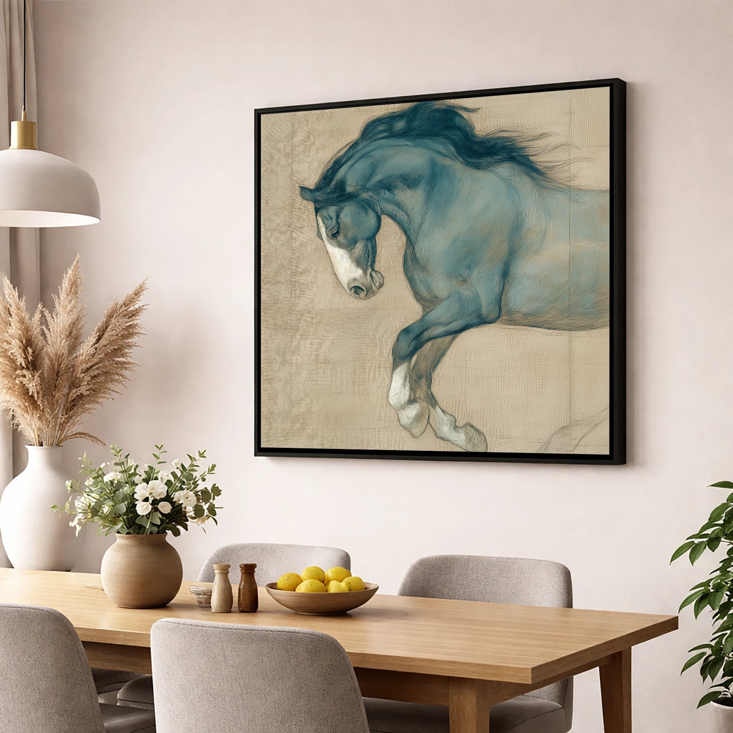 Study in Teal horse portrait wall art displayed in a dining room