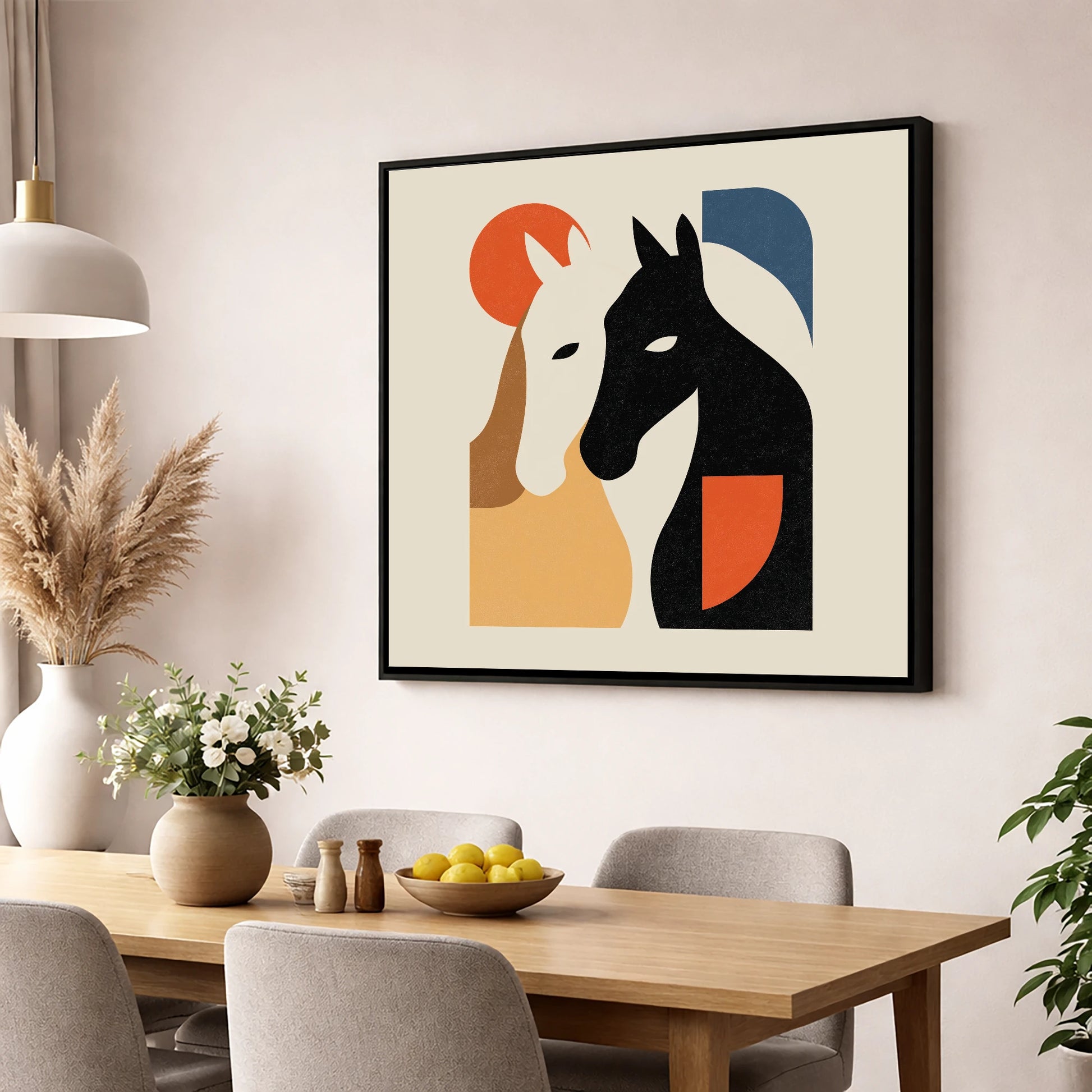 Modernist Equine Embrace horse portrait wall art displayed in a dining room