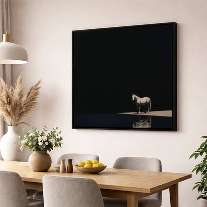 The Luminous Grey horse portrait wall art displayed in a dining room
