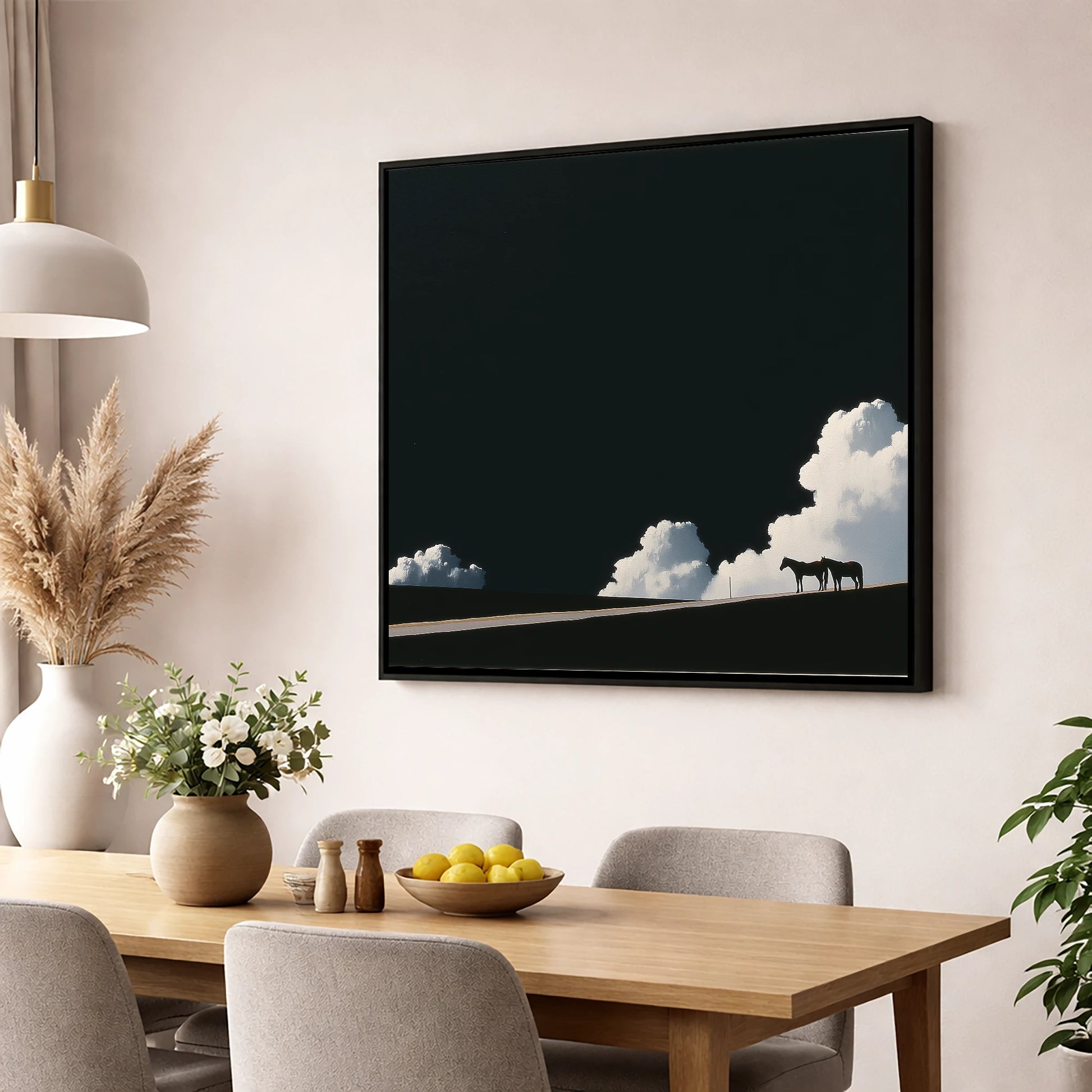 Beneath an Obsidian Sky horse landscape wall art displayed in a dining room