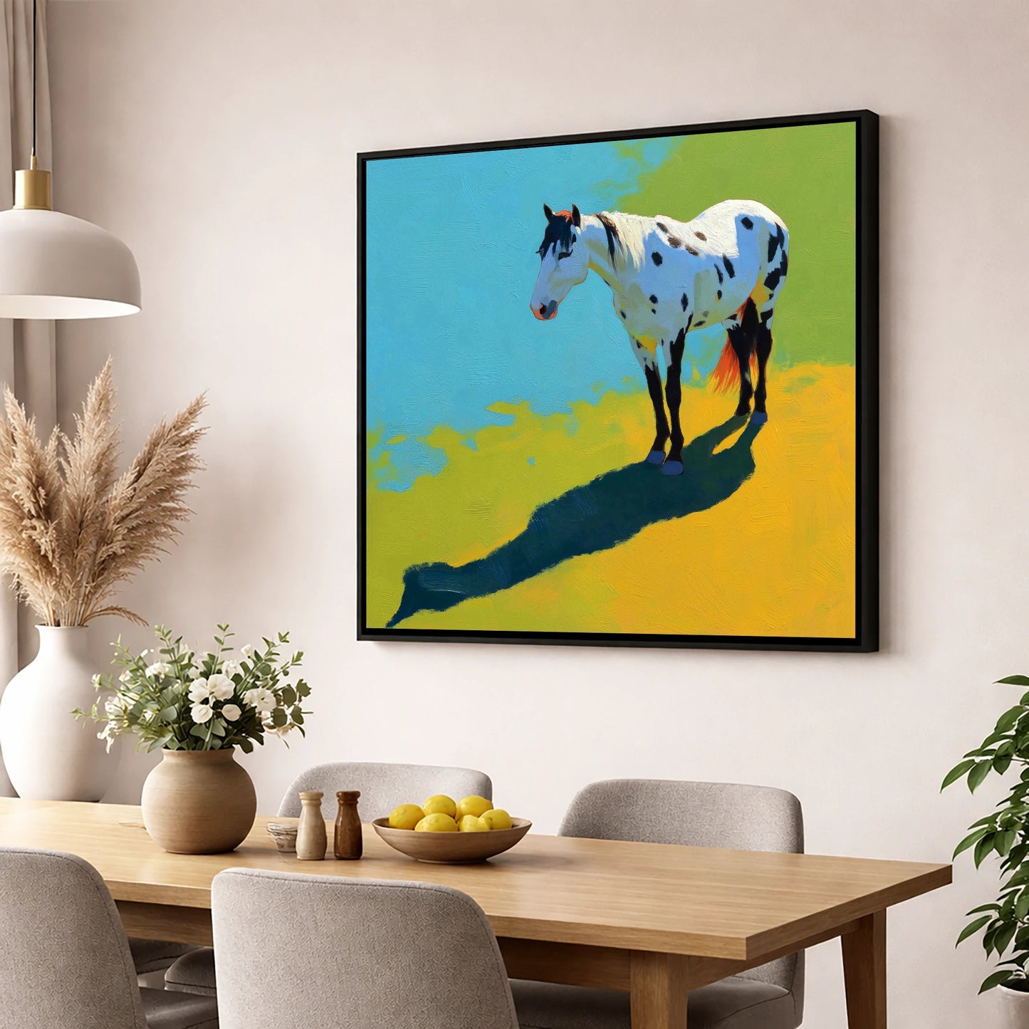 Sunlit Appaloosa Shadow horse breed wall art displayed in a dining room
