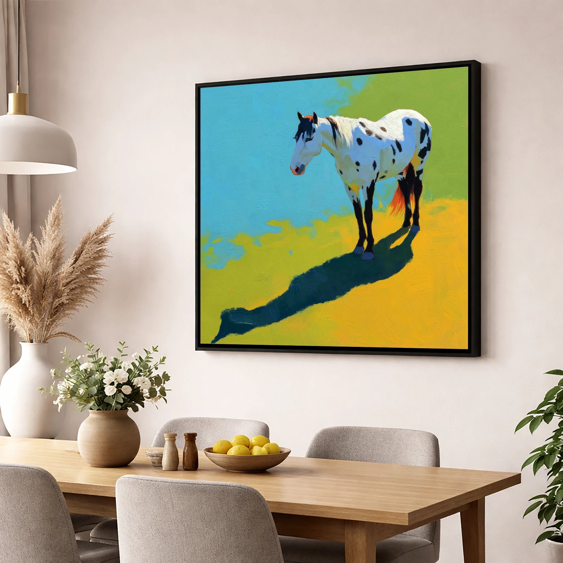 Sunlit Appaloosa Shadow horse breed wall art displayed in a dining room