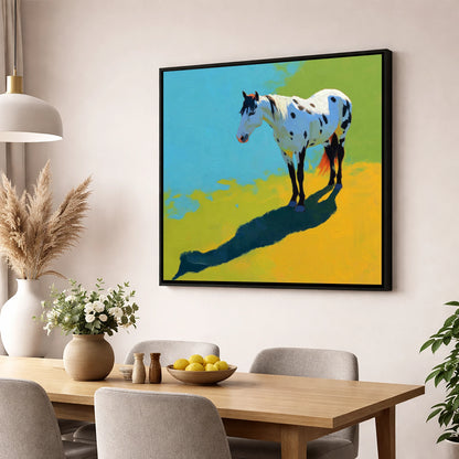 Sunlit Appaloosa Shadow horse breed wall art displayed in a dining room