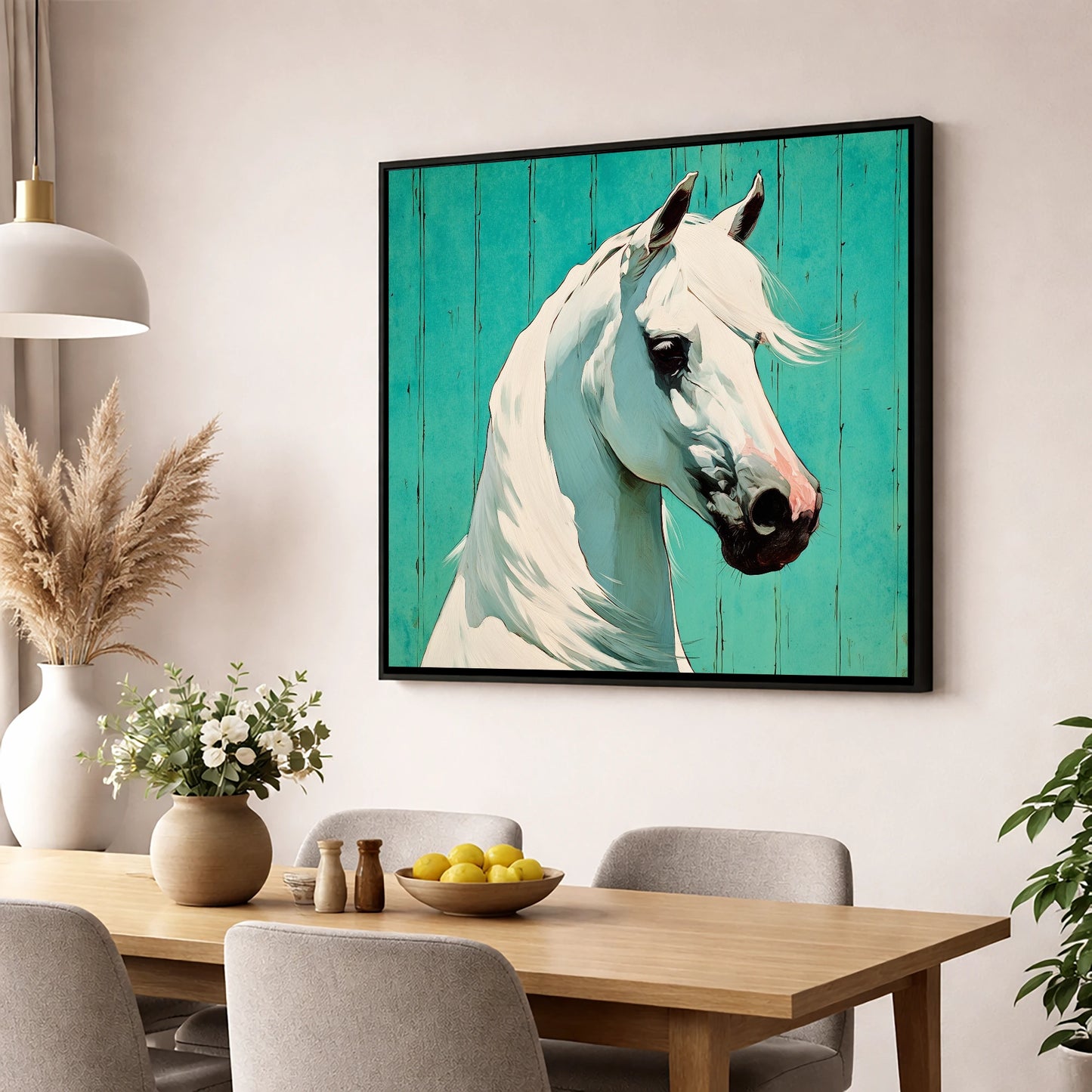 Vibrant Grey on Teal horse breed wall art displayed in a dining room