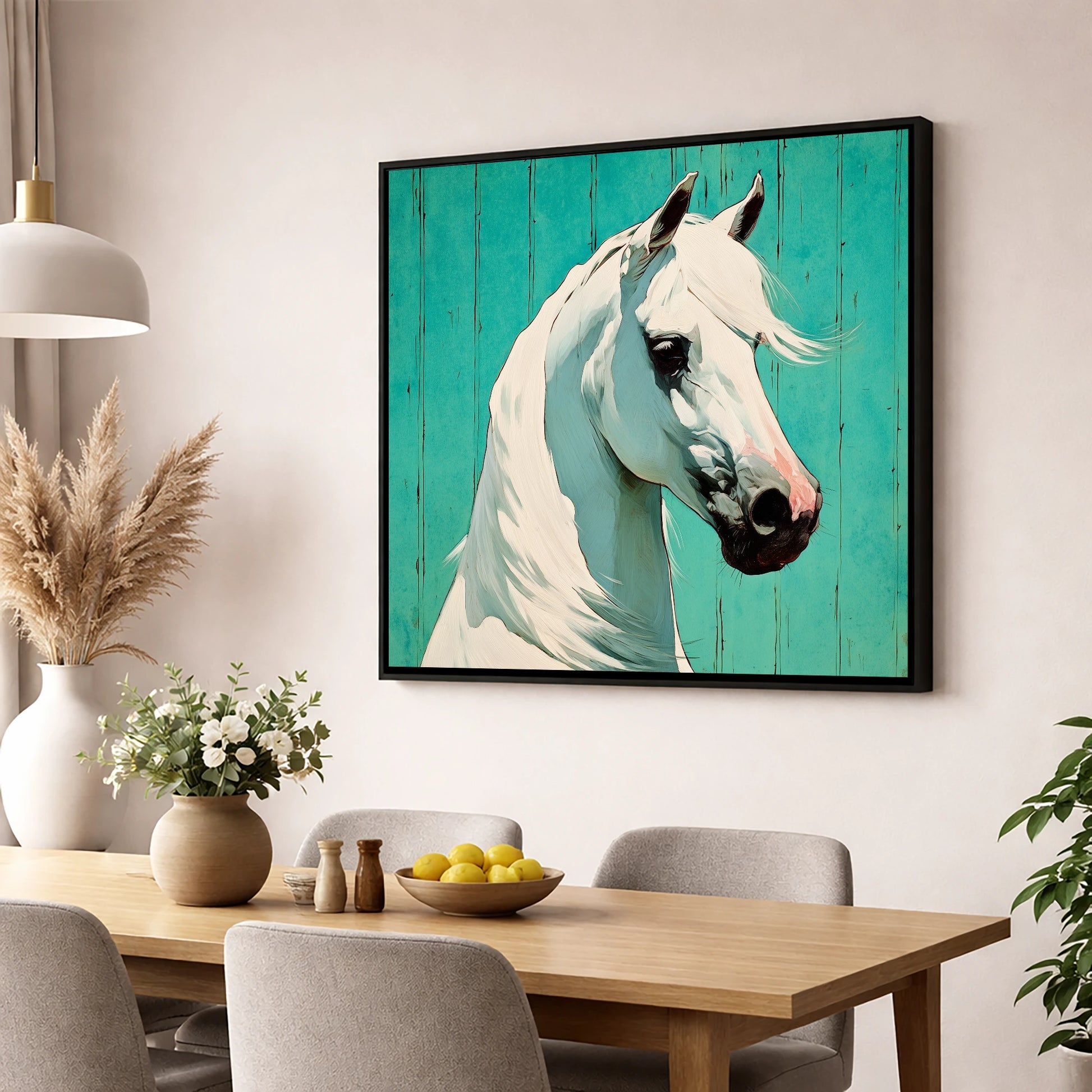 Vibrant Grey on Teal horse breed wall art displayed in a dining room