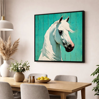 Vibrant Grey on Teal horse breed wall art displayed in a dining room