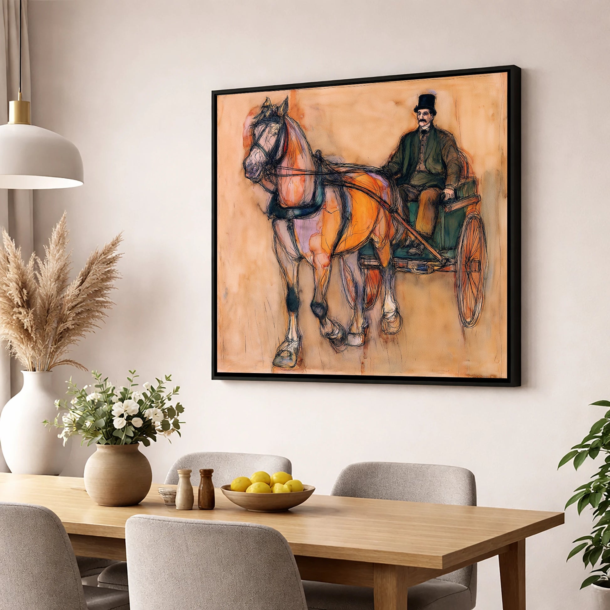 Gentleman of the Reins working horse wall art displayed in a dining room