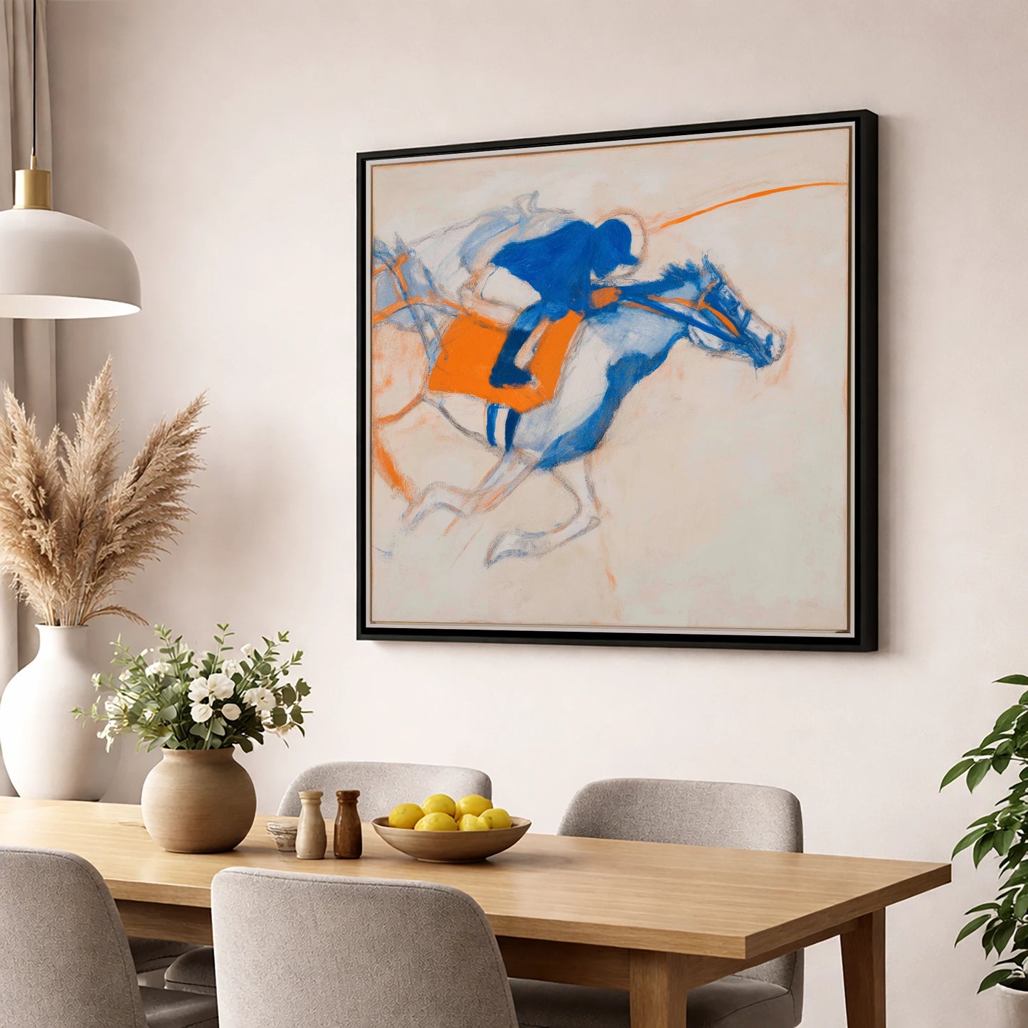 Gallop in Blue racing horse wall art displayed in a dining room