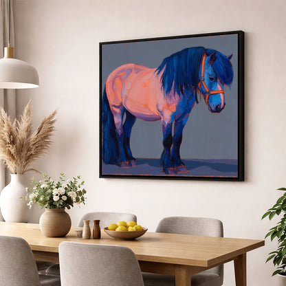 Cobalt Shadows Heavy Cob horse breed wall art displayed in a dining room