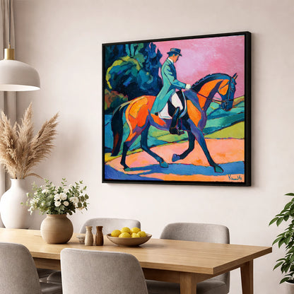Bold Dressage Harmony dressage horse wall art displayed in a dining room