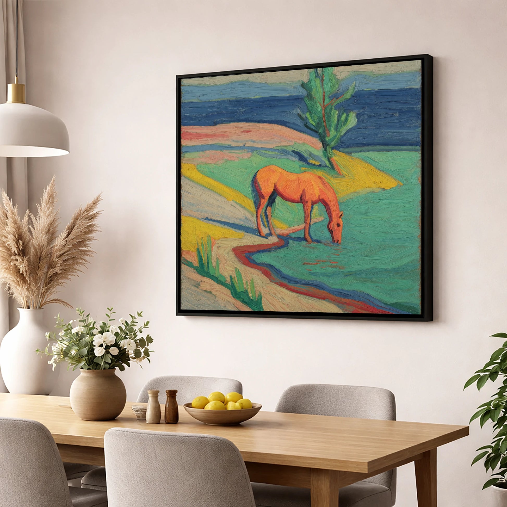 The Vivid Oasis horse landscape wall art displayed in a dining room