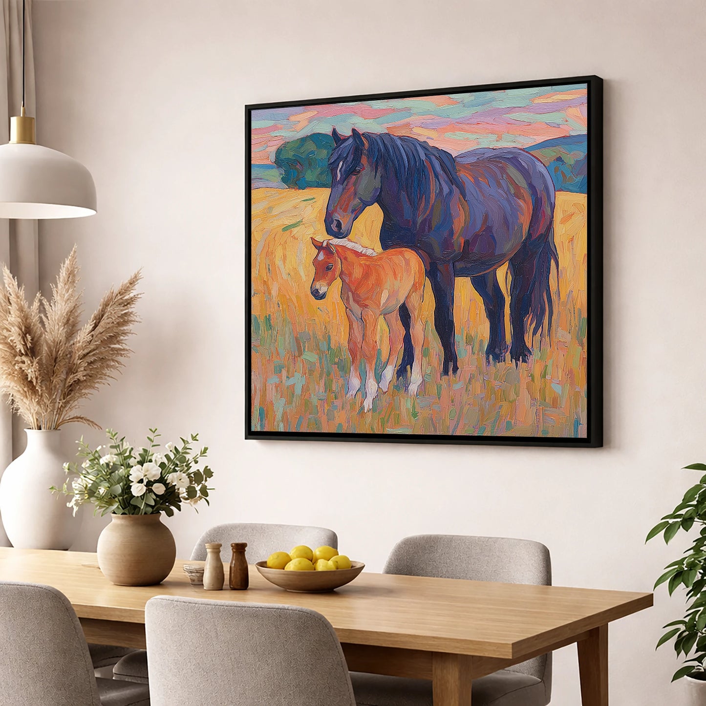 Vibrant Bond Mare and Foal mare & foal wall art displayed in a dining room