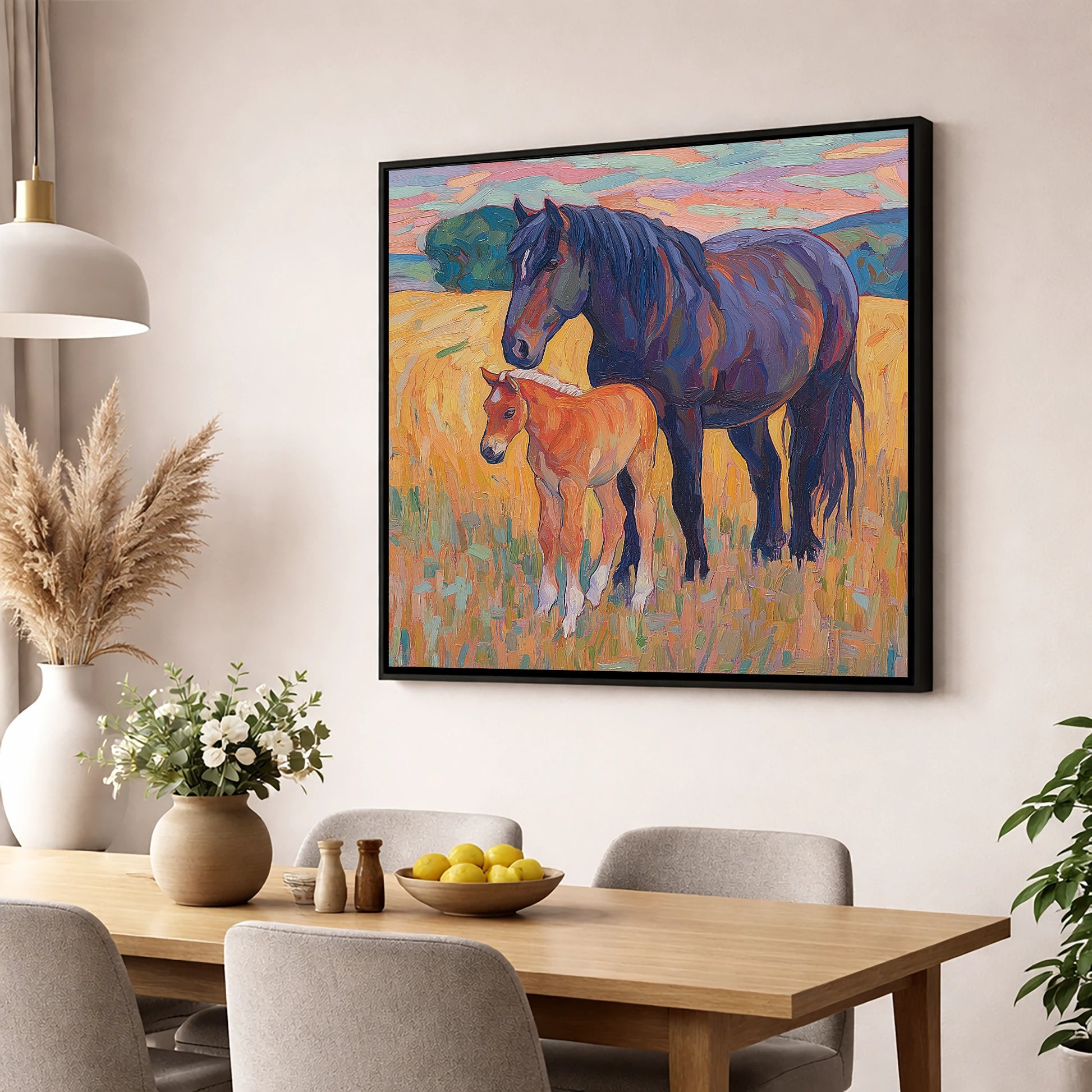 Vibrant Bond Mare and Foal mare & foal wall art displayed in a dining room