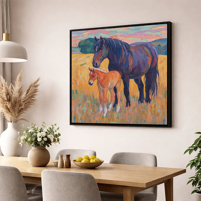 Vibrant Bond Mare and Foal mare & foal wall art displayed in a dining room