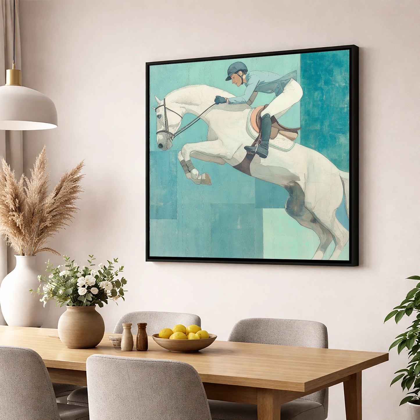 Aquamarine Flight show jumping horse wall art displayed in a dining room