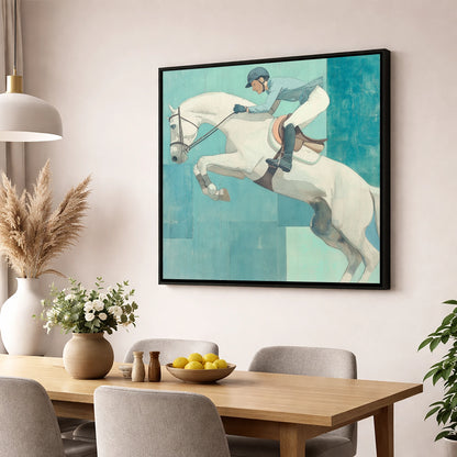 Aquamarine Flight show jumping horse wall art displayed in a dining room