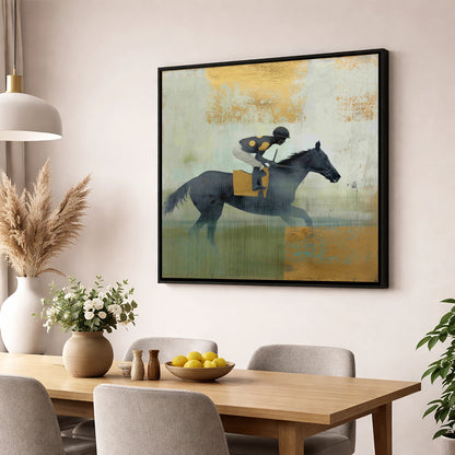 The Gilded Gallop racing horse wall art displayed in a dining room
