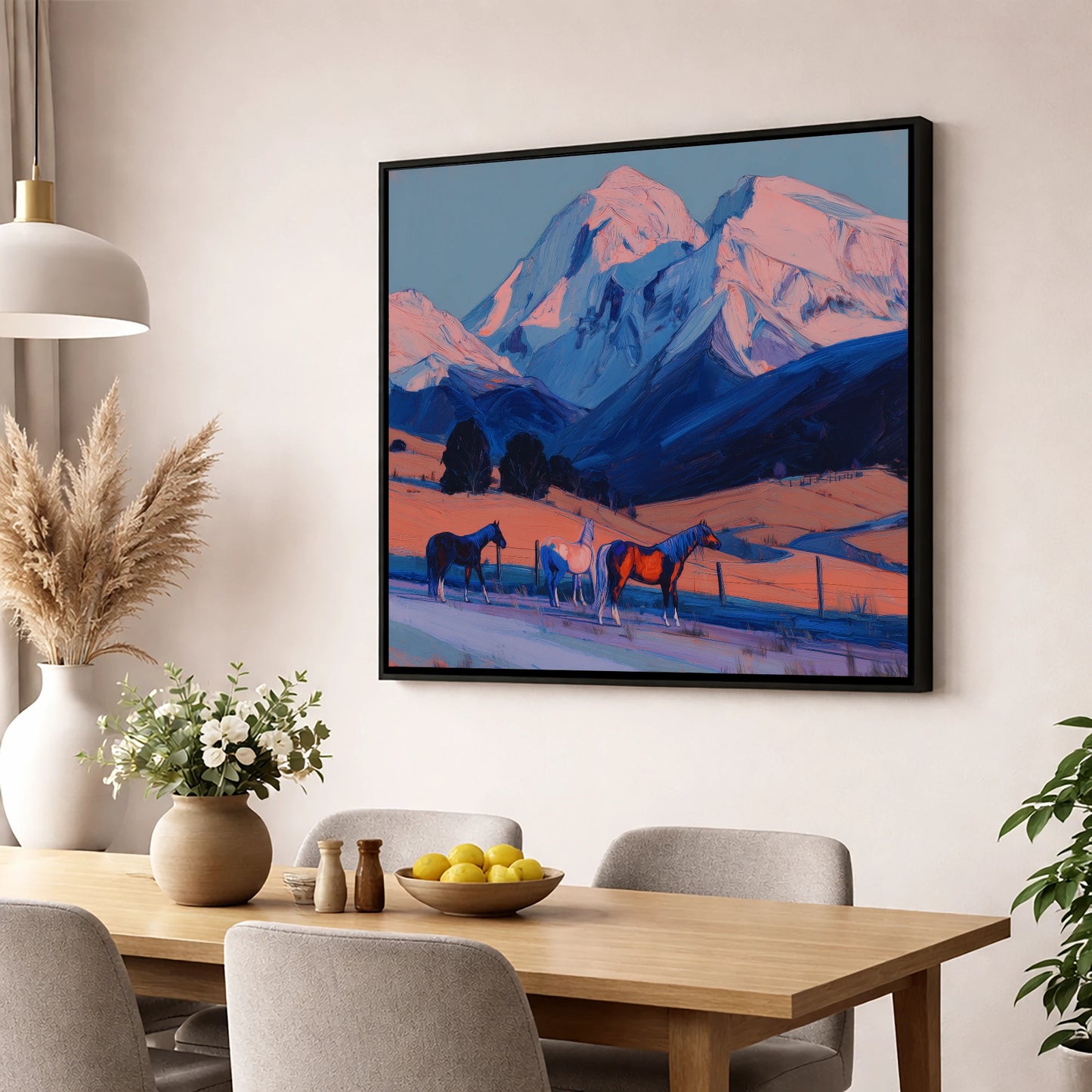 Mountain Alpenglow Pastures horse landscape wall art displayed in a dining room